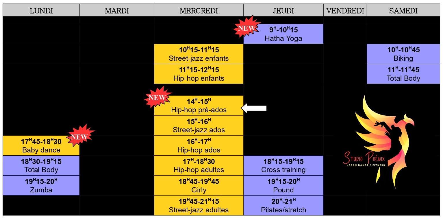 Planning cours Studio Phénix